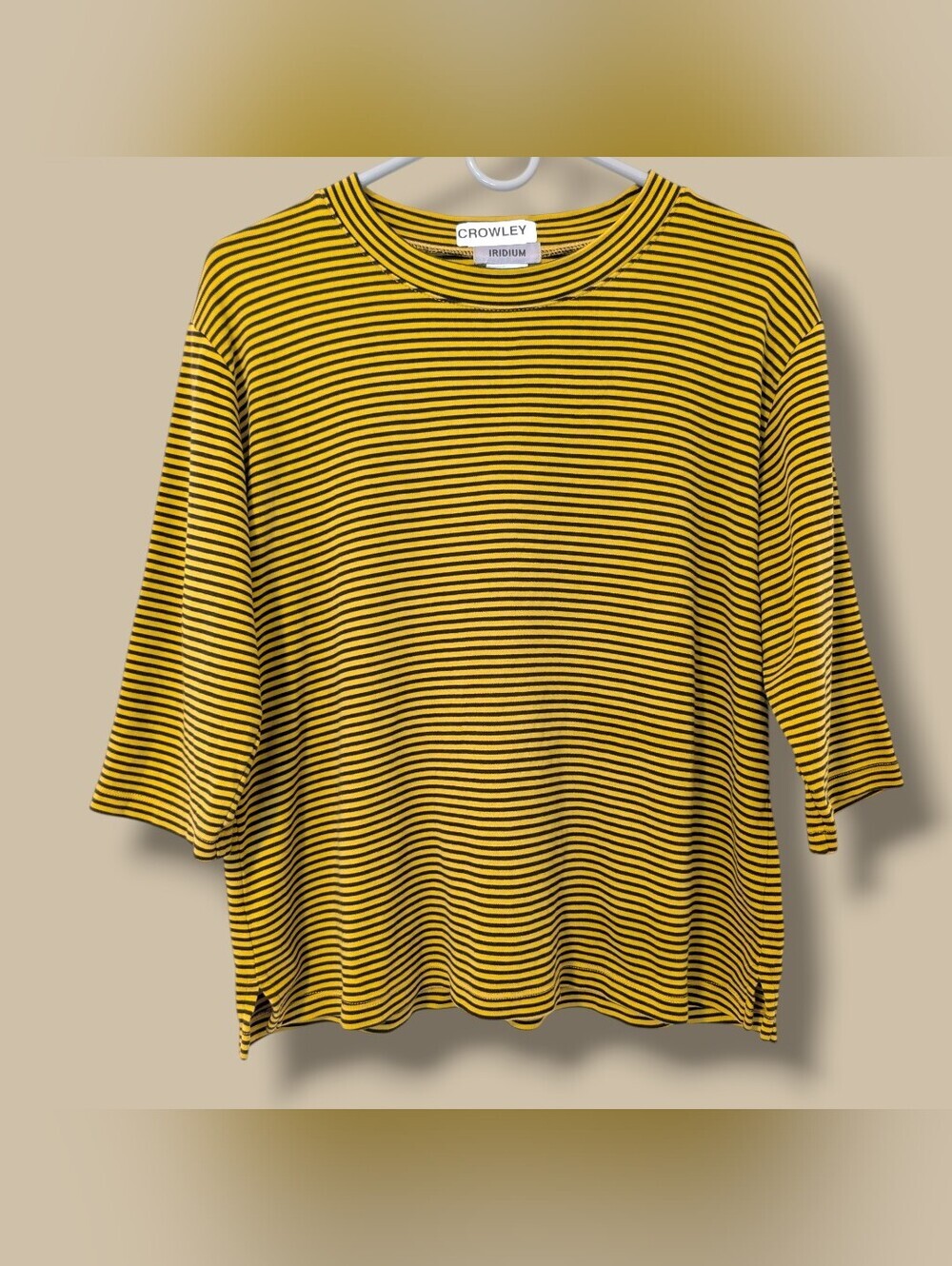 Iridium Yellow Black Stripe 100% Pima Cotton Crewneck 3/4 Sleeve Relaxed Shirt M